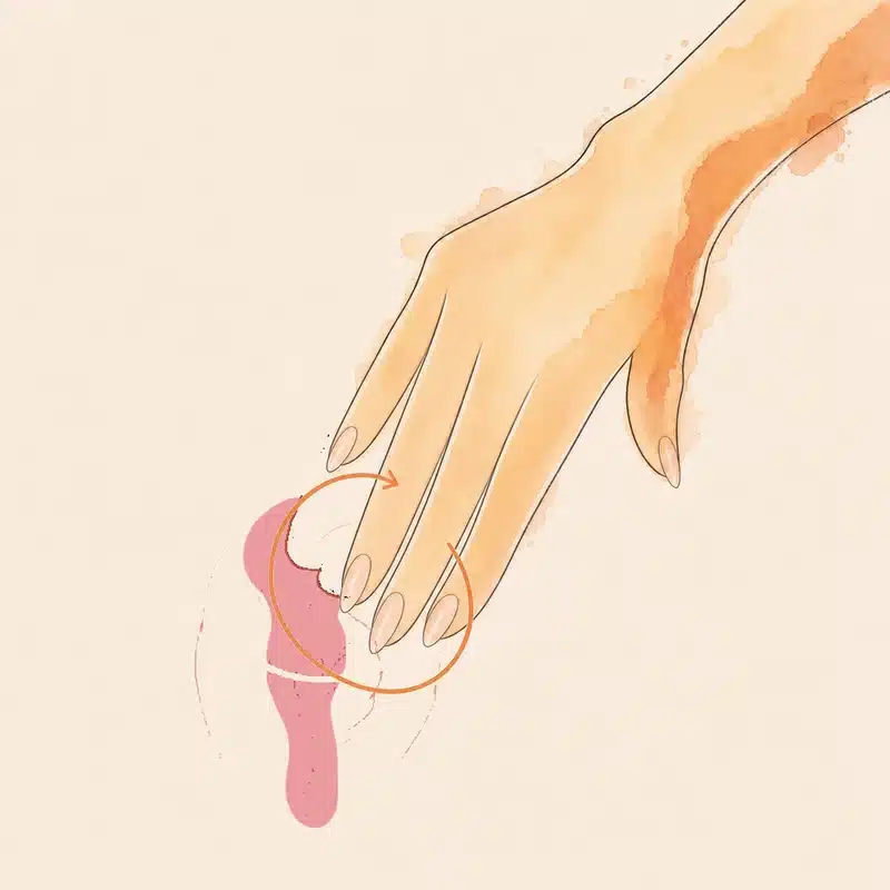 Esquema: tres dedos apoyados en la parte superior de la vulva dibujan grandes círculos